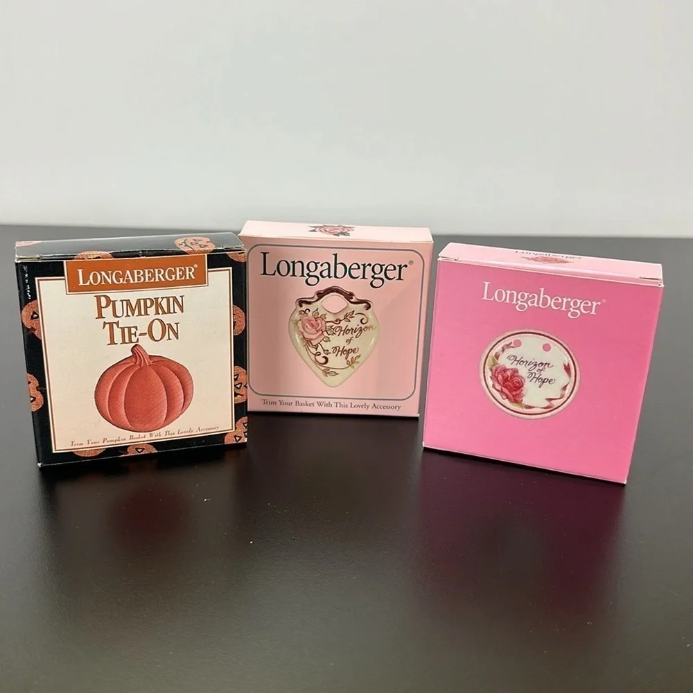 Vtg Longaberger‎ Basket Ceramic Tie Ons Lot of 3 Pumpkin Horizon of Hope Floral